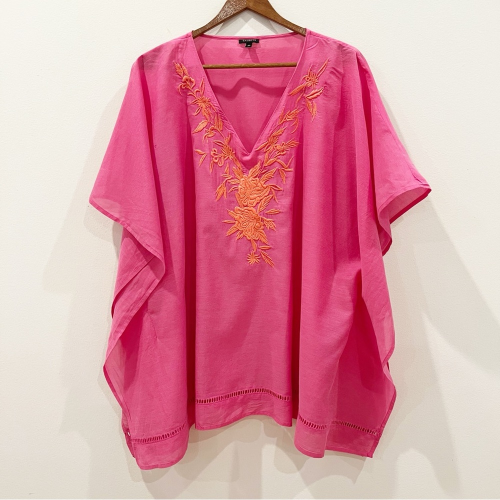 Talbots Boho Embroidered Kimono Top XL Pink Floral Lightweight Beach CoverUp